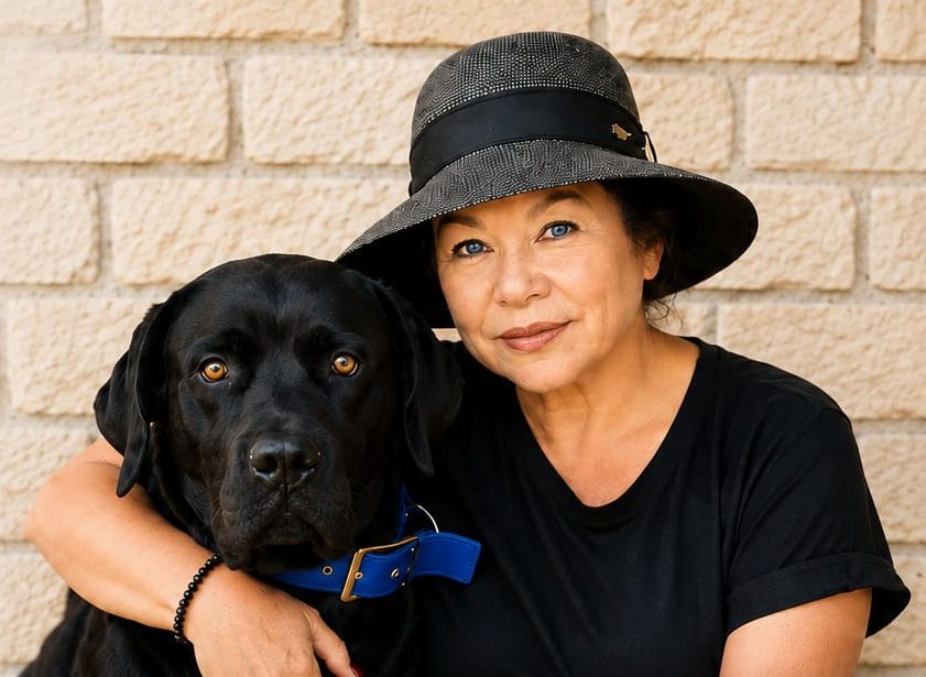 Sabine Kuhn mit Hut, die ihren schwarzen Hund im Arm hält